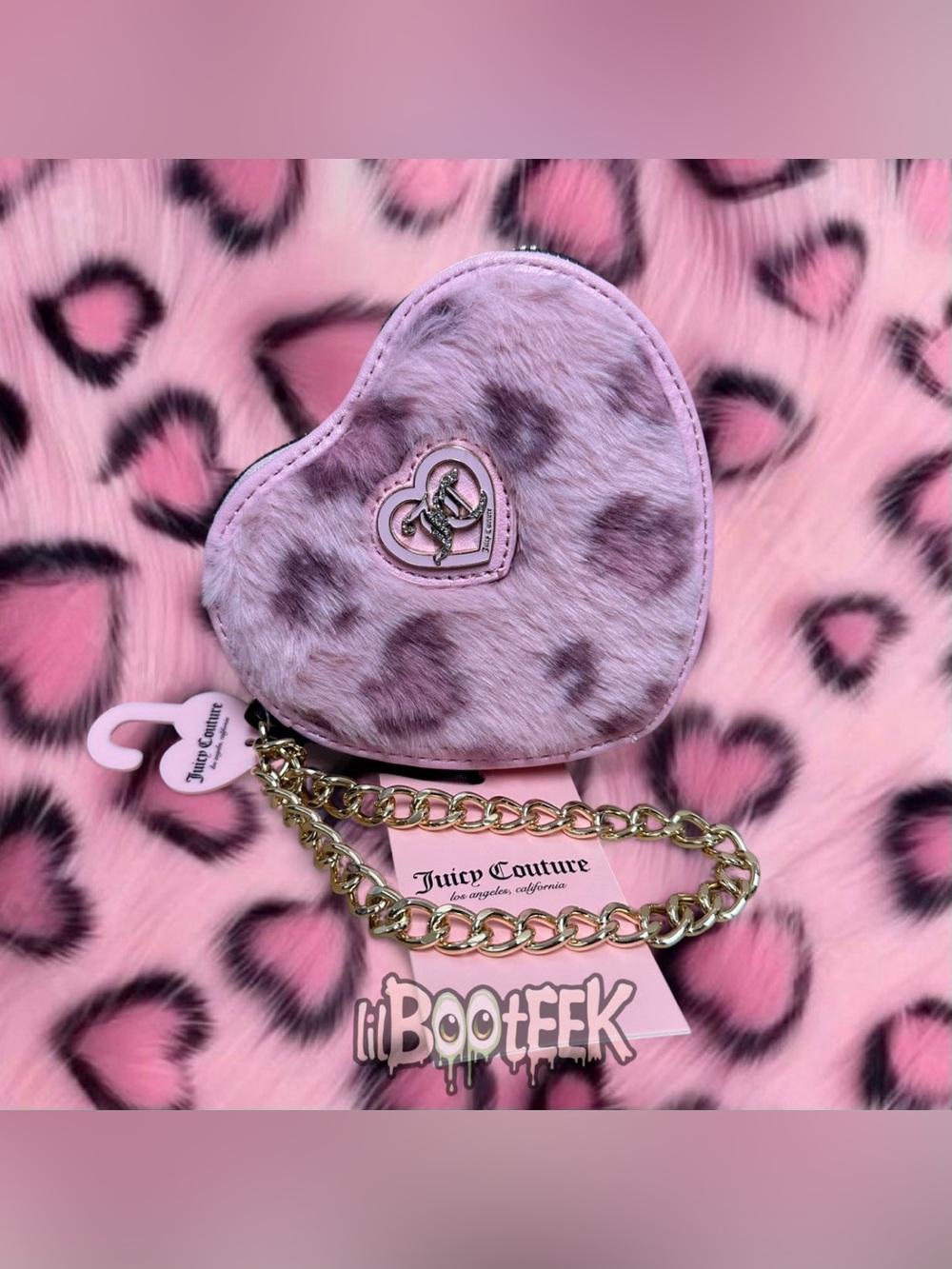 Juicy Couture Faux Fur Pink Leopard Get Cozy Heart Zip Around Wristlet NEW Y2K